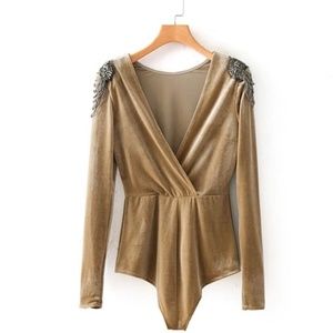 Elegant Beaded Velvet Long Sleeve Bodysuit